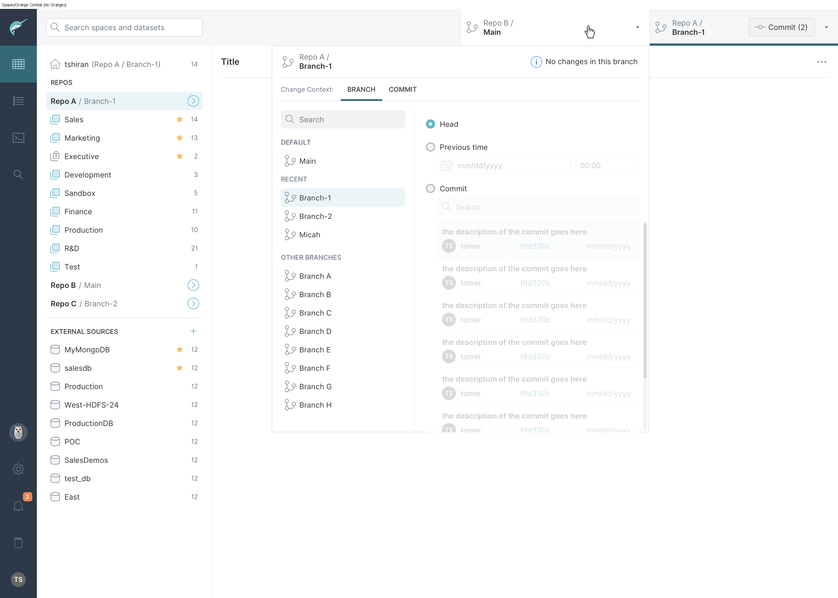 Dremio repository navigation with visible branch context