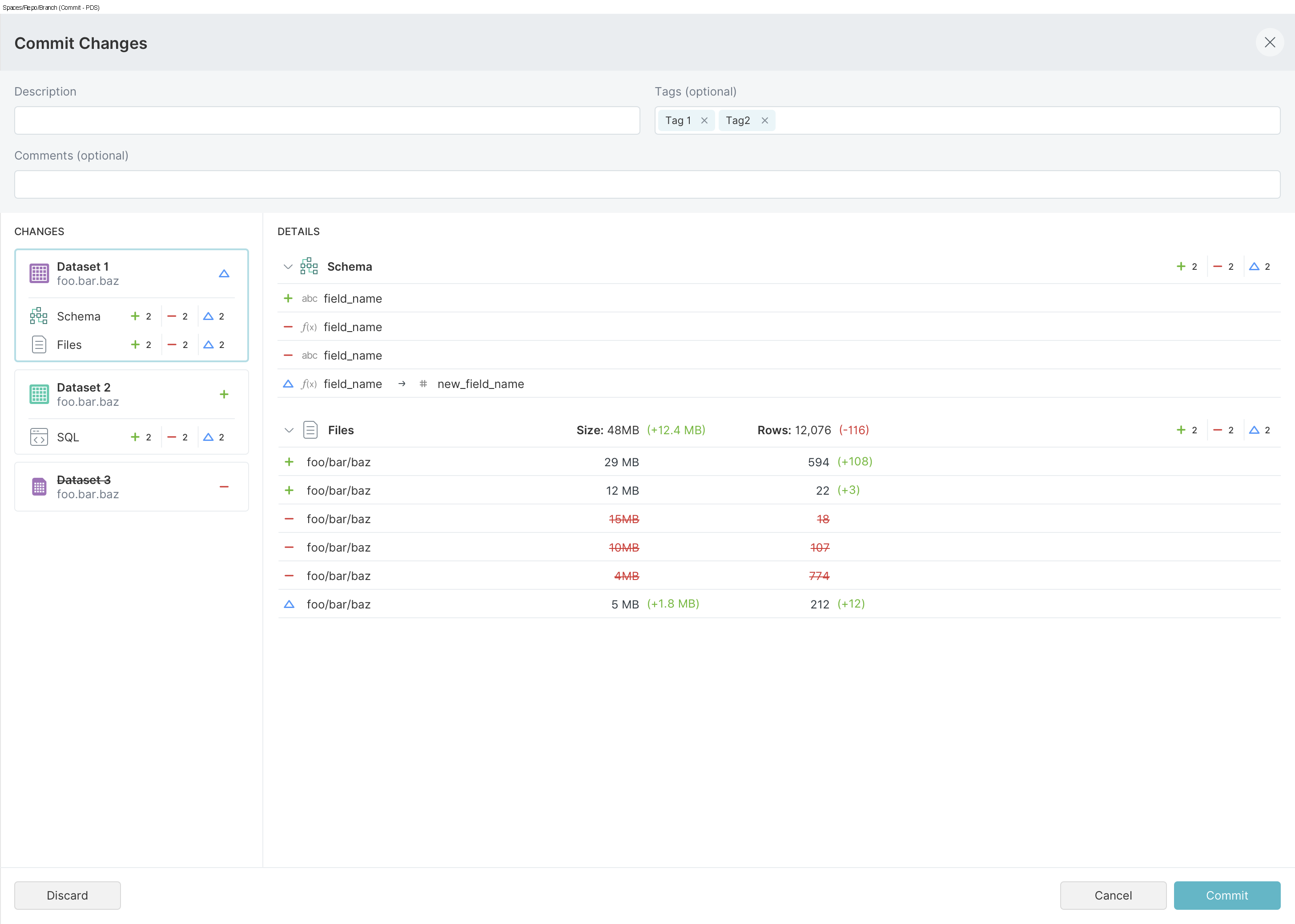 Detailed Dremio commit view with dataset and change information
