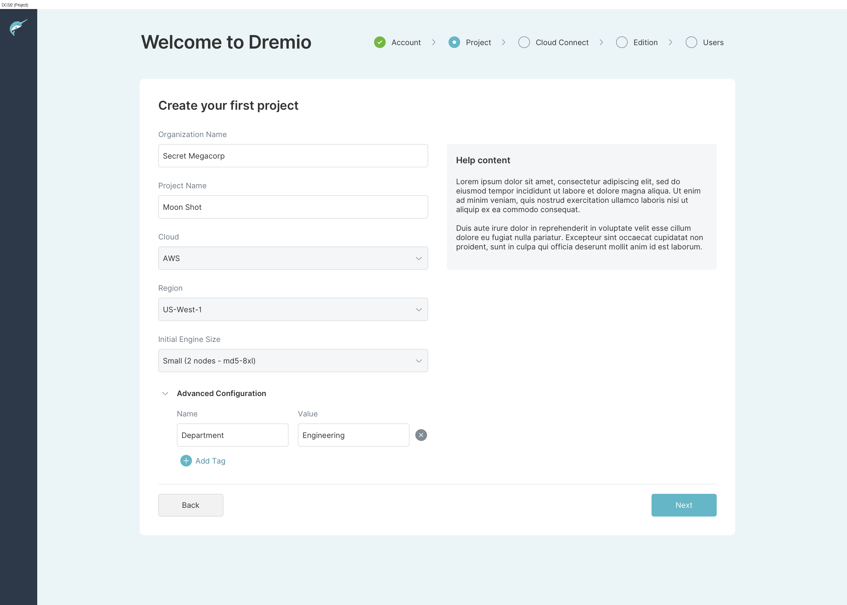 Dremio project creation screen with a persistent onboarding sequence