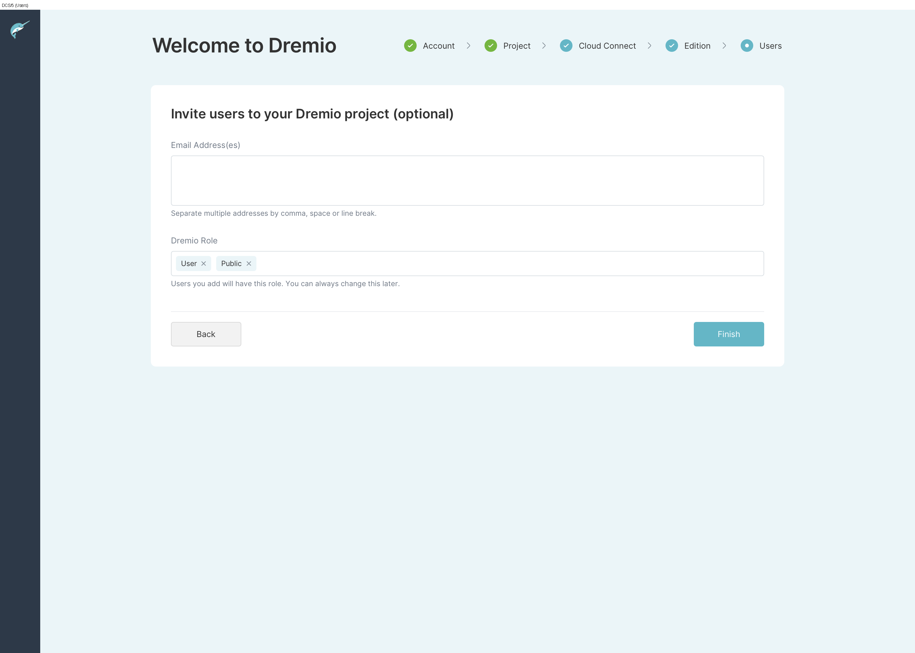 Dremio invitation screen for adding project collaborators