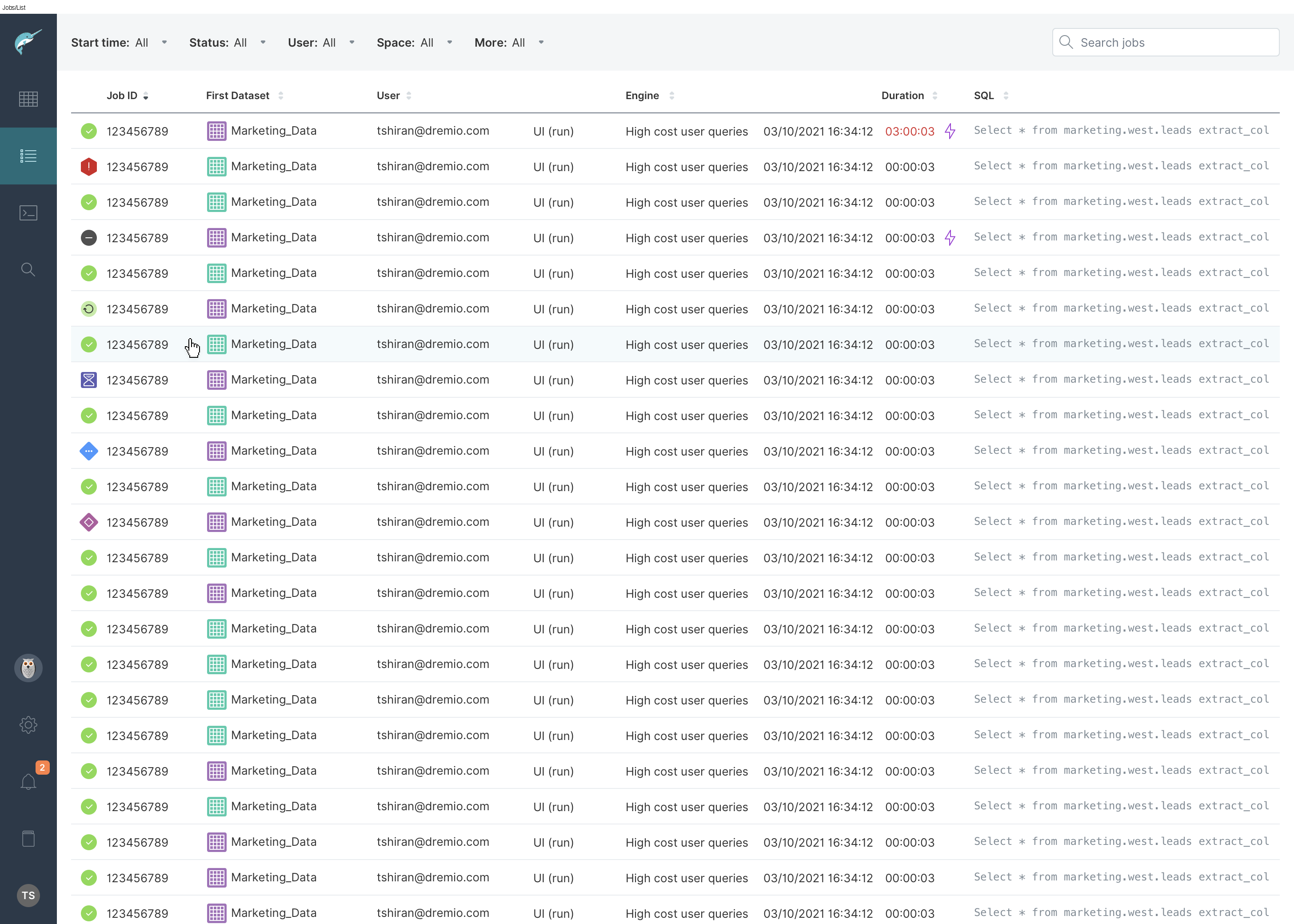 Dremio job monitoring dashboard showing query status and history