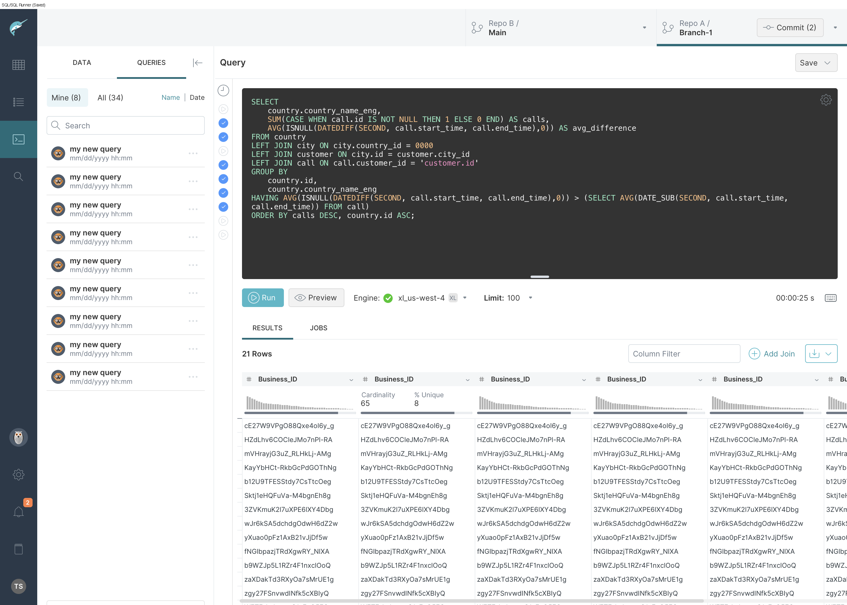 Query results displayed beneath the SQL editor in Dremio