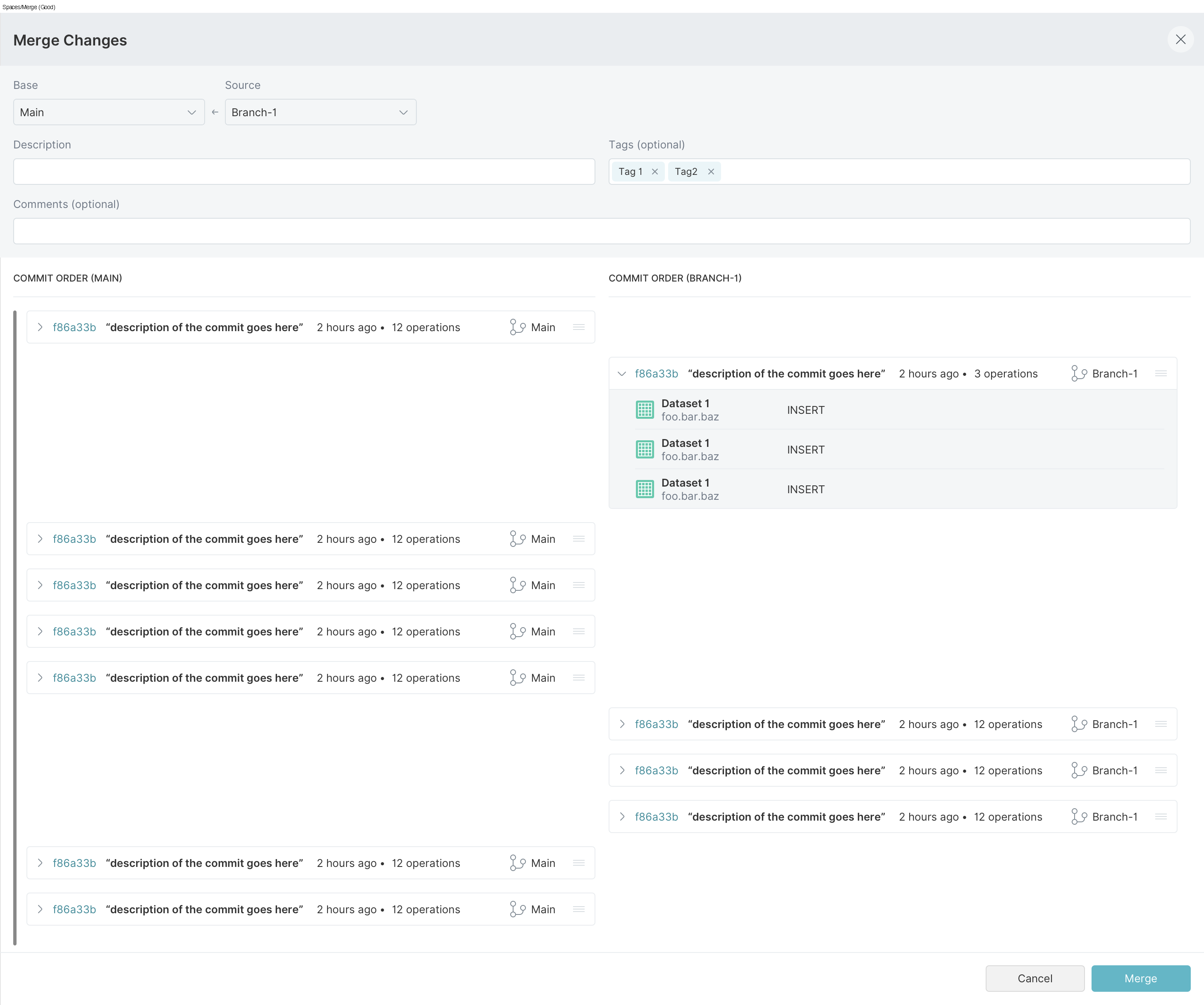 Dremio merge screen comparing a feature branch with the main branch