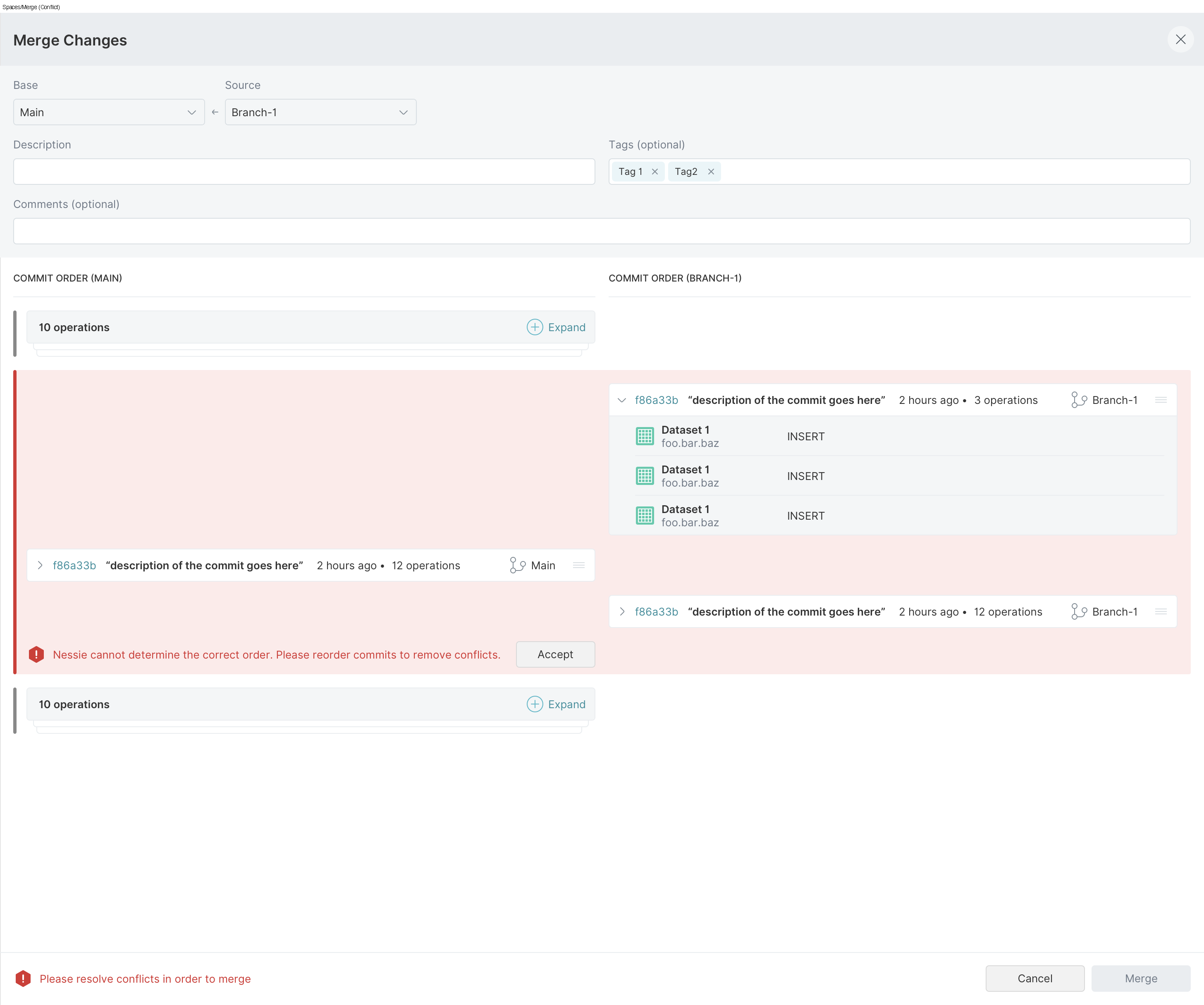 Dremio merge conflict screen identifying an unresolved change