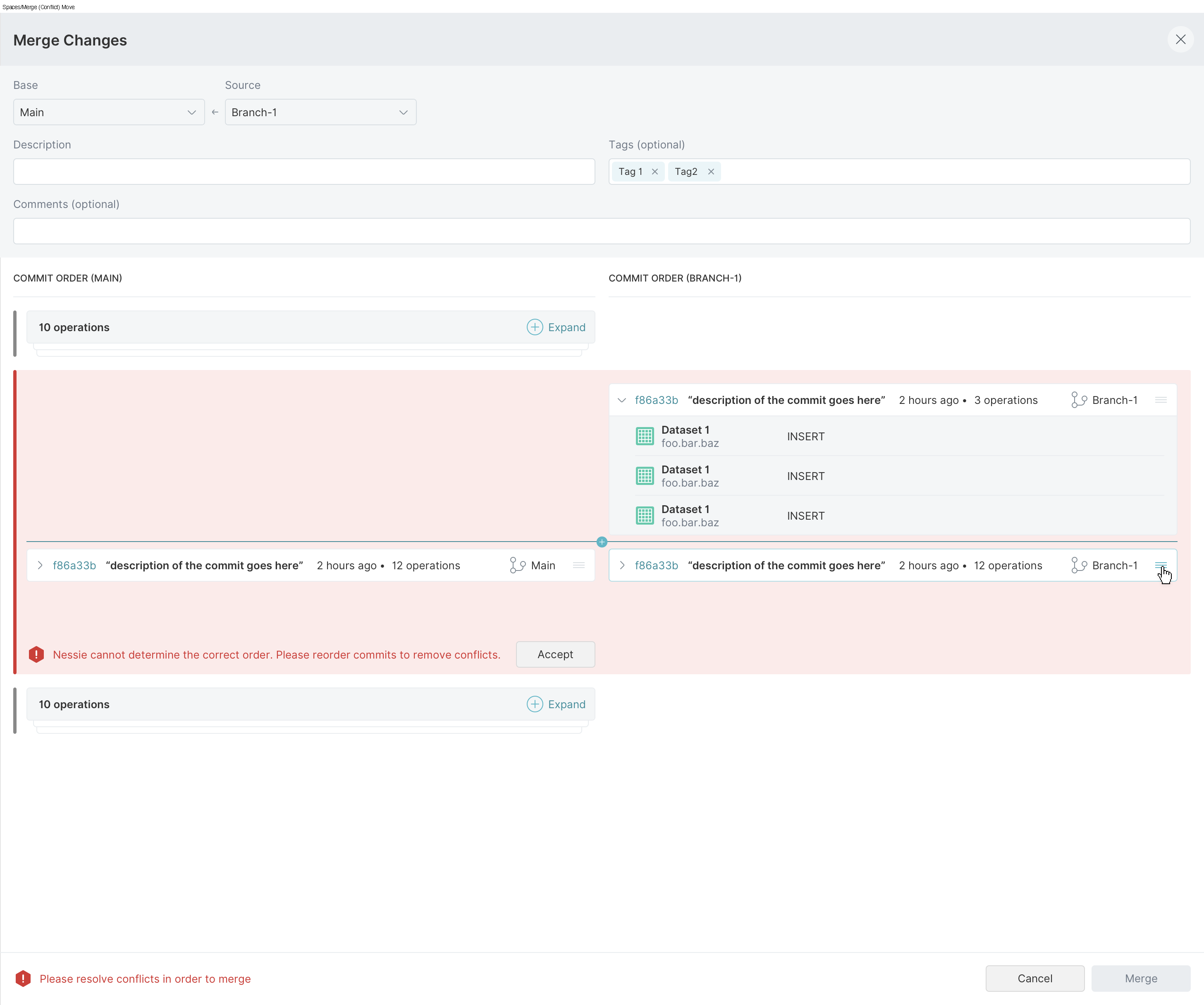 Dremio side-by-side merge conflict resolution interface